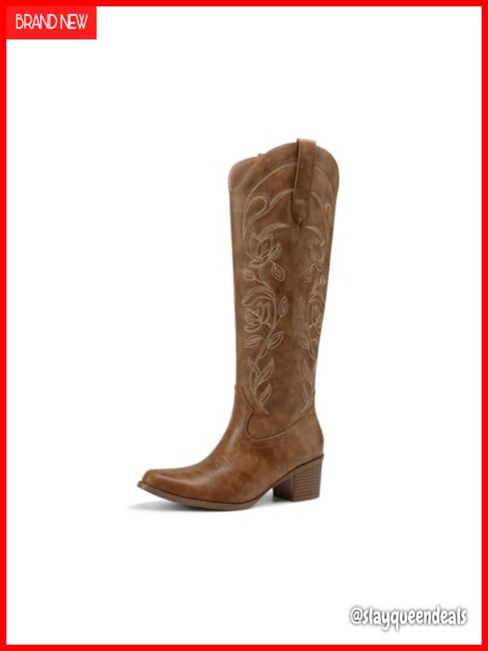 Knee High Western Cowboy Boots Faux Leather Floral Embroidered Square Toe Zip